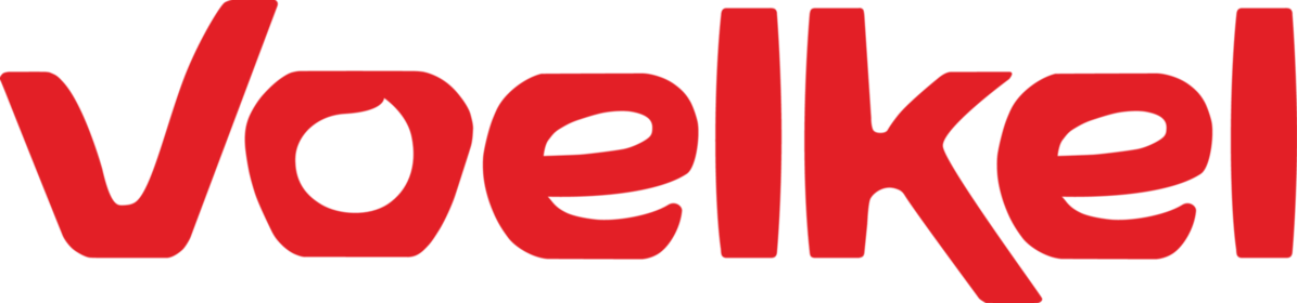 Rotes Voelkel-Logo in fetten, abgerundeten Kleinbuchstaben auf weißem Hintergrund.